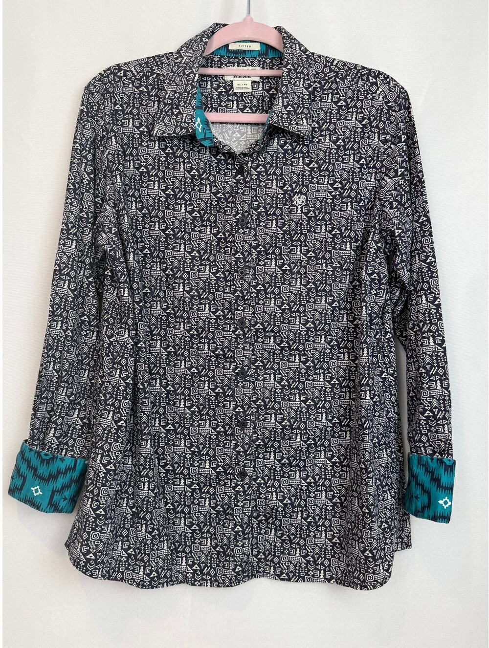 Ariat REAL Kirby Stretch Shirt XL Aztec Geometric Print Teal Western